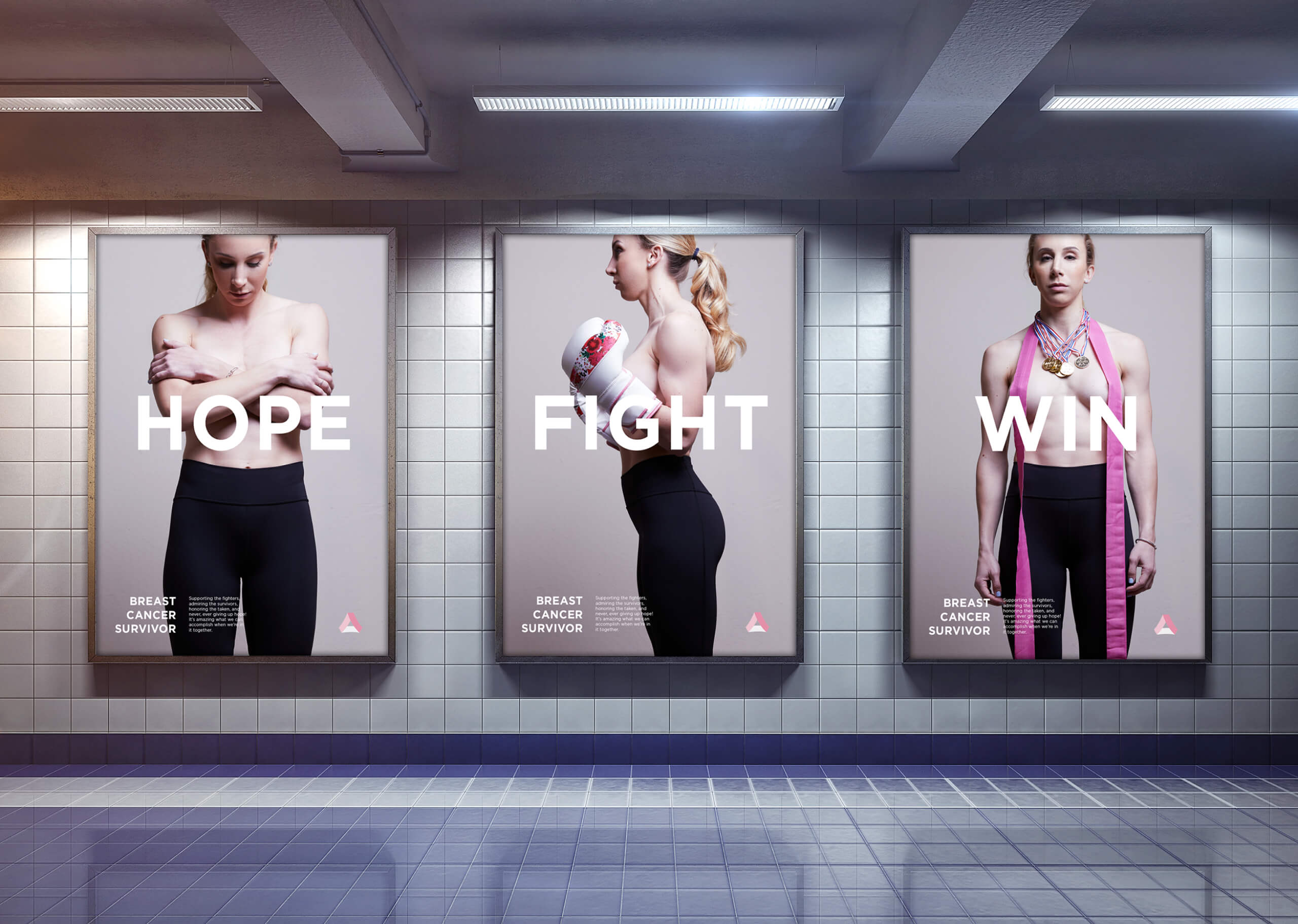 Inside the metro's terminal - a series of three posters, Hope, Win, and Fight. 