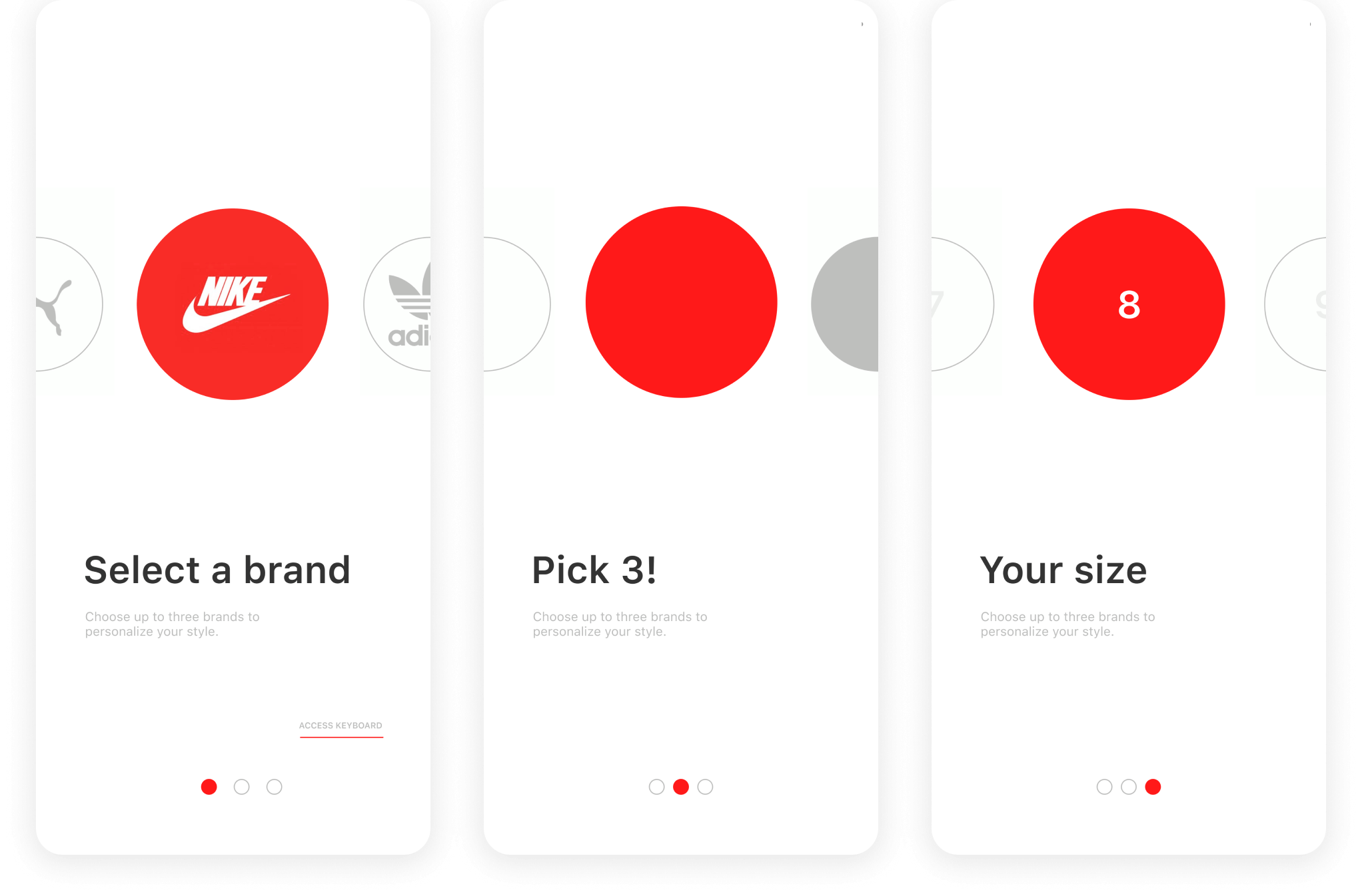 Three screens to demonstrate the onboarding process - Final UI