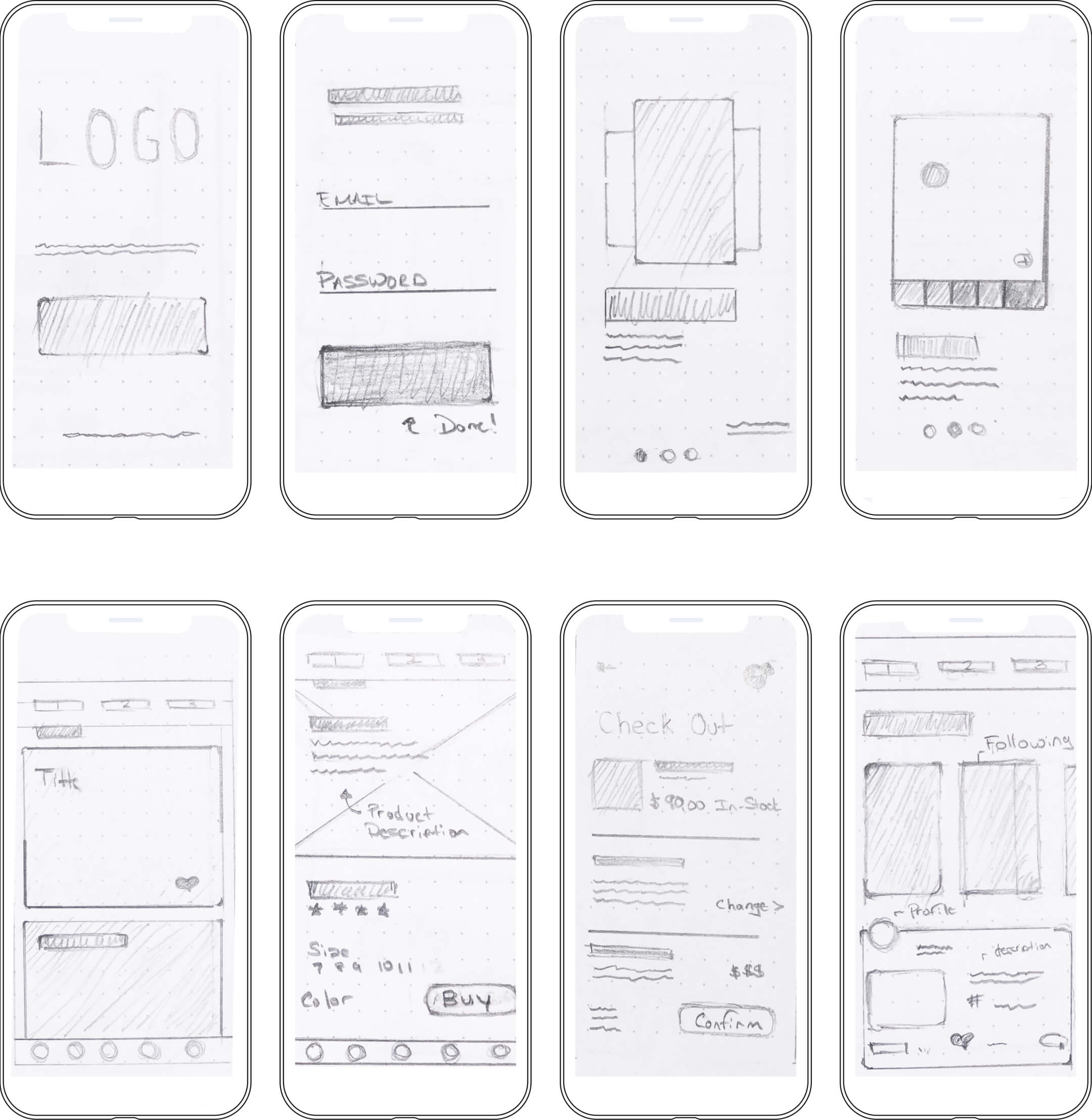 Some sketches of the initial wireframes. 